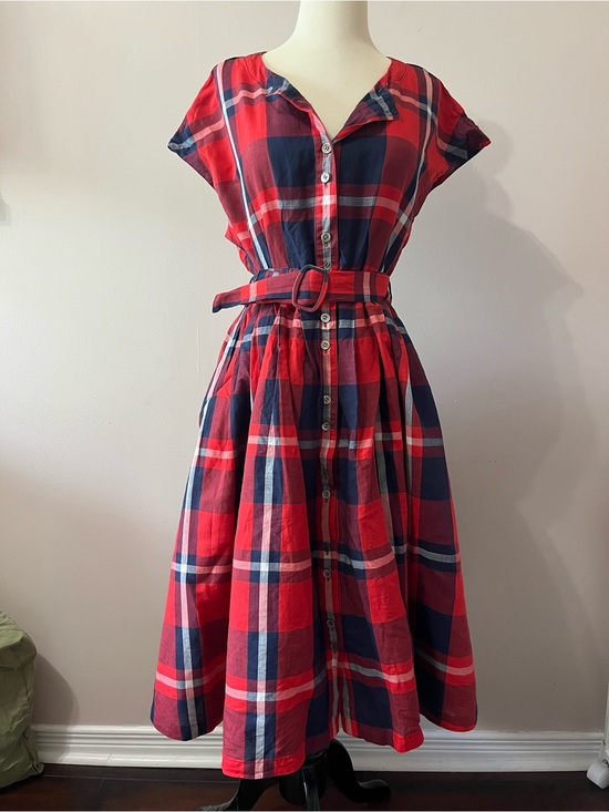 Dior Dresses & Skirts - Christian Dior Red and Navy Plaid Button-Front Belted Dress